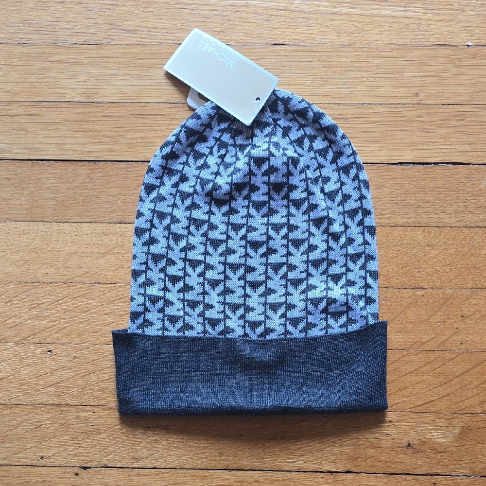 NWT, MICHAEL Michael Kors, Monogram Knit Beanie, Polyester, Gray & Black, O/S